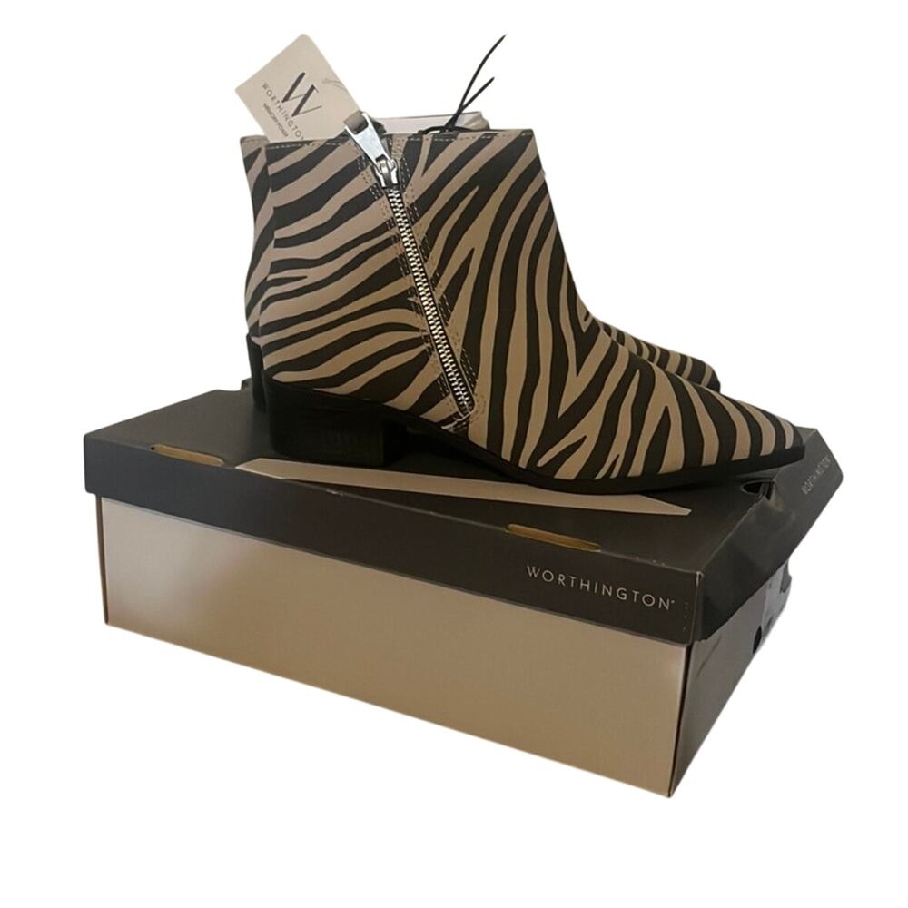 Worthington Brookdale Zebra Print Ankle Boot Wmns‎ 7.5M Zip Low Heel Booties NEW